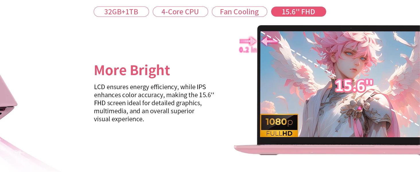 Pink 15.6" Fhd Ips Laptop with Intel N150, 32Gb Ddr4 Ram, 1Tb Ssd, Windows 11 Pro, 1920X1080, Dual Band Wifi, Bluetooth 5.0 - Notebook, Portable Computer for Work and School