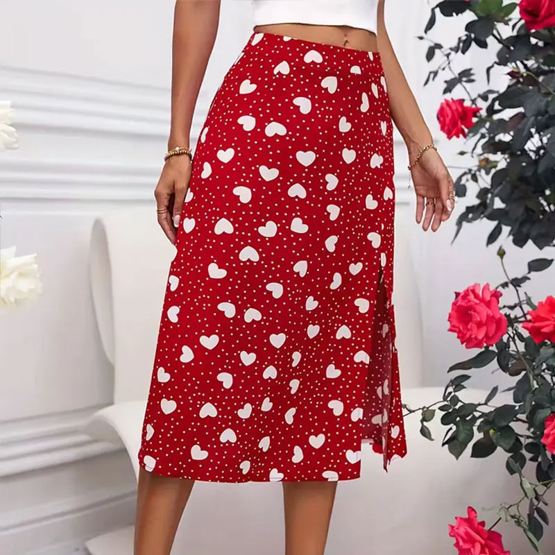 New European and American Printed Polka Dot Heart-shaped Slit Skirt with Hip Wrap A Swing Skirt