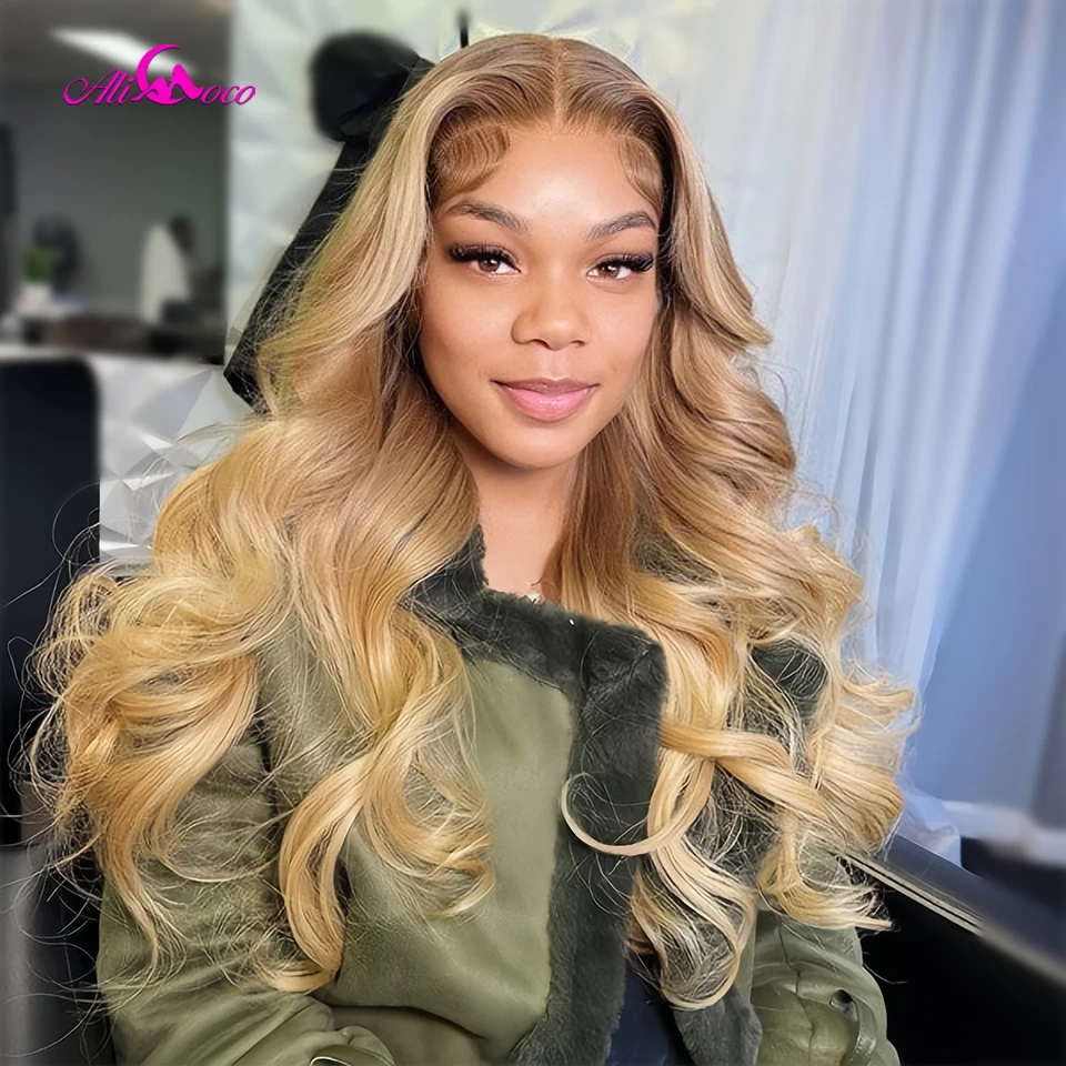 Ombre Blonde Body Wave Lace Front Human Hair Wig With Brown Root Brazilian Hair #27 13x6 Lace Frontal Wigs For Women Pre Plucked