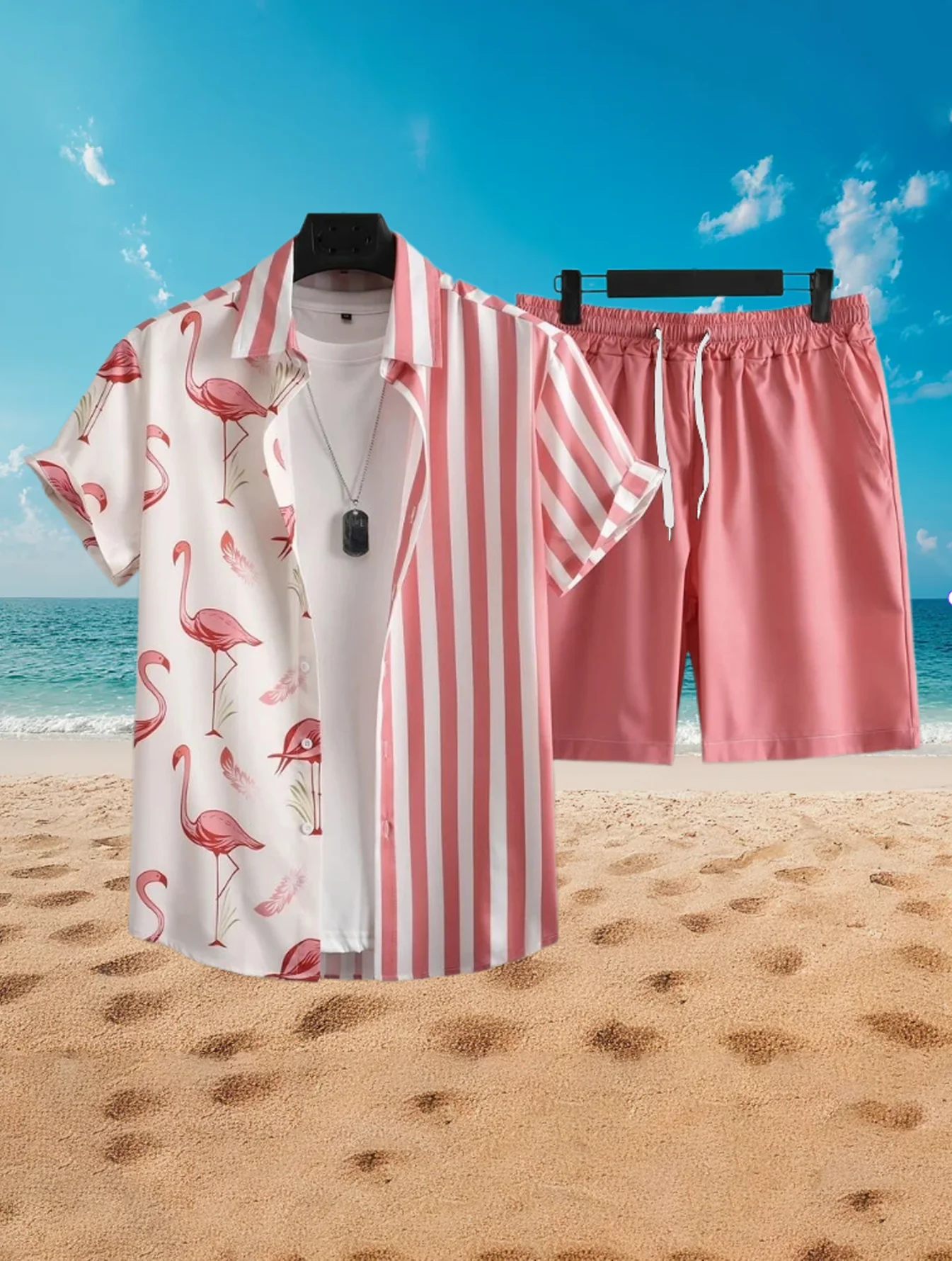 Men's Flamingo Striped Tropical Shirt 2-Piece Set Short Sleeve Shorts Lapel Tropical Fashion Hawaiian Casual Holiday Beach Print