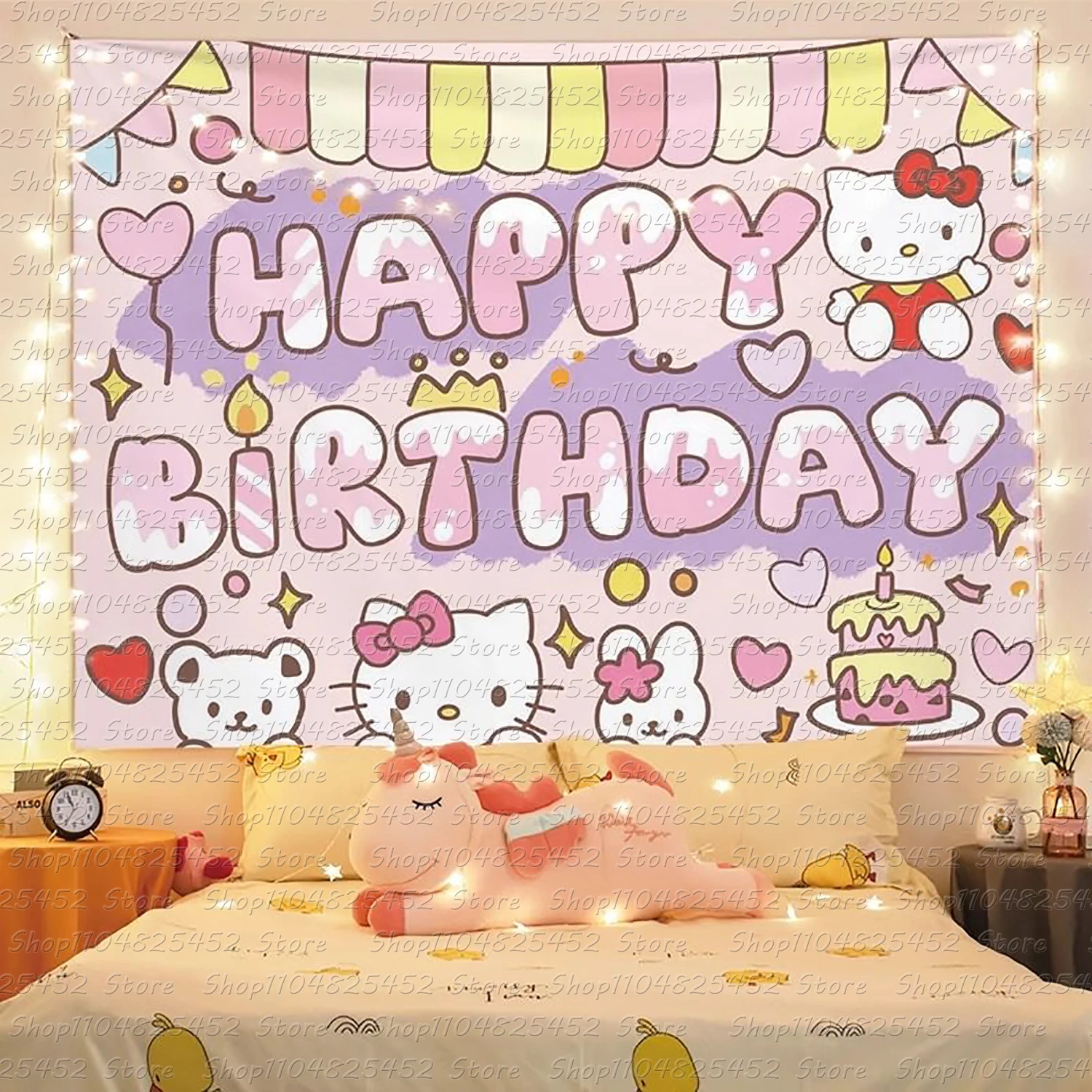 Entzückende Sanrio Family Pink Heart Wandteppich, Kawaii Anime Wanddekoration, Mädchenherz bedruckter Wandteppich, super süße Dekoration