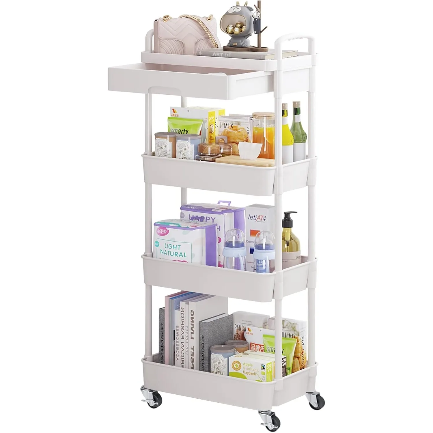 

4-Tier Rolling Utility Cart with Drawer,Multifunctional Storage Organizer with Plastic Shelf & Metal Wheel,Storage Cart ,White