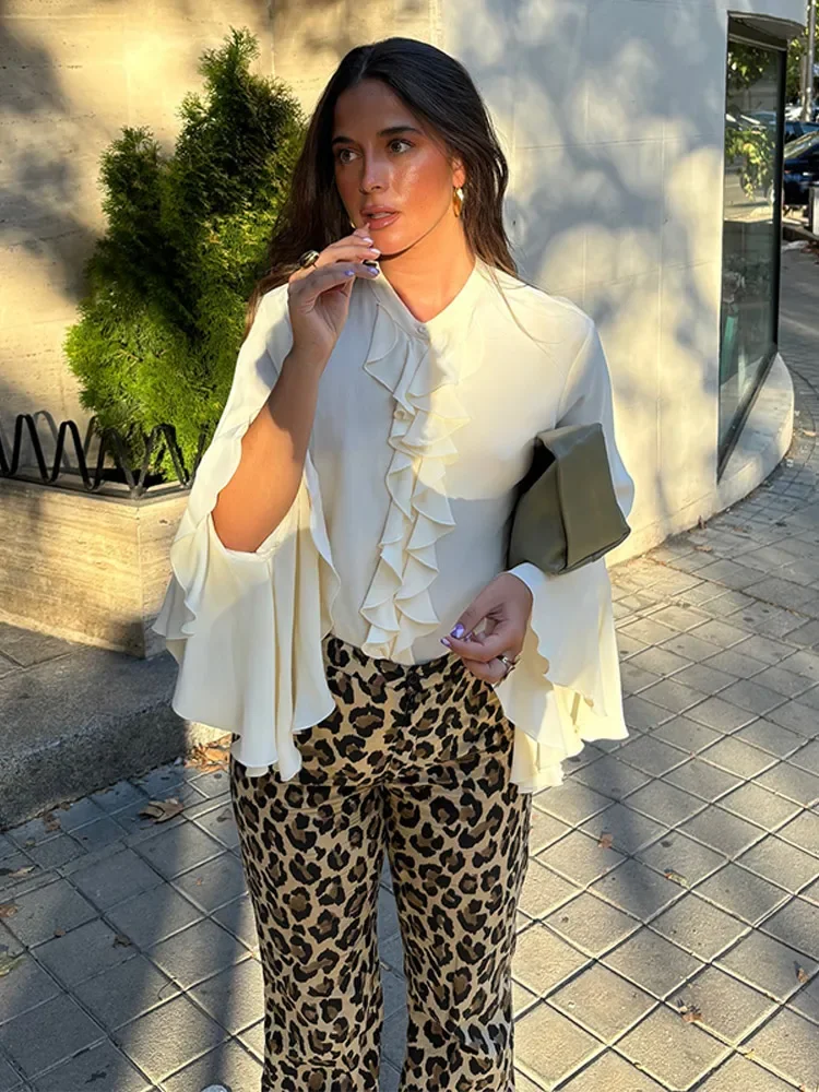 Camicie da donna con maniche svasate Ruffer Solido chiffon con scollo a V monopetto Top femminile 2025 Moda primaverile Elegante Lady Outwears