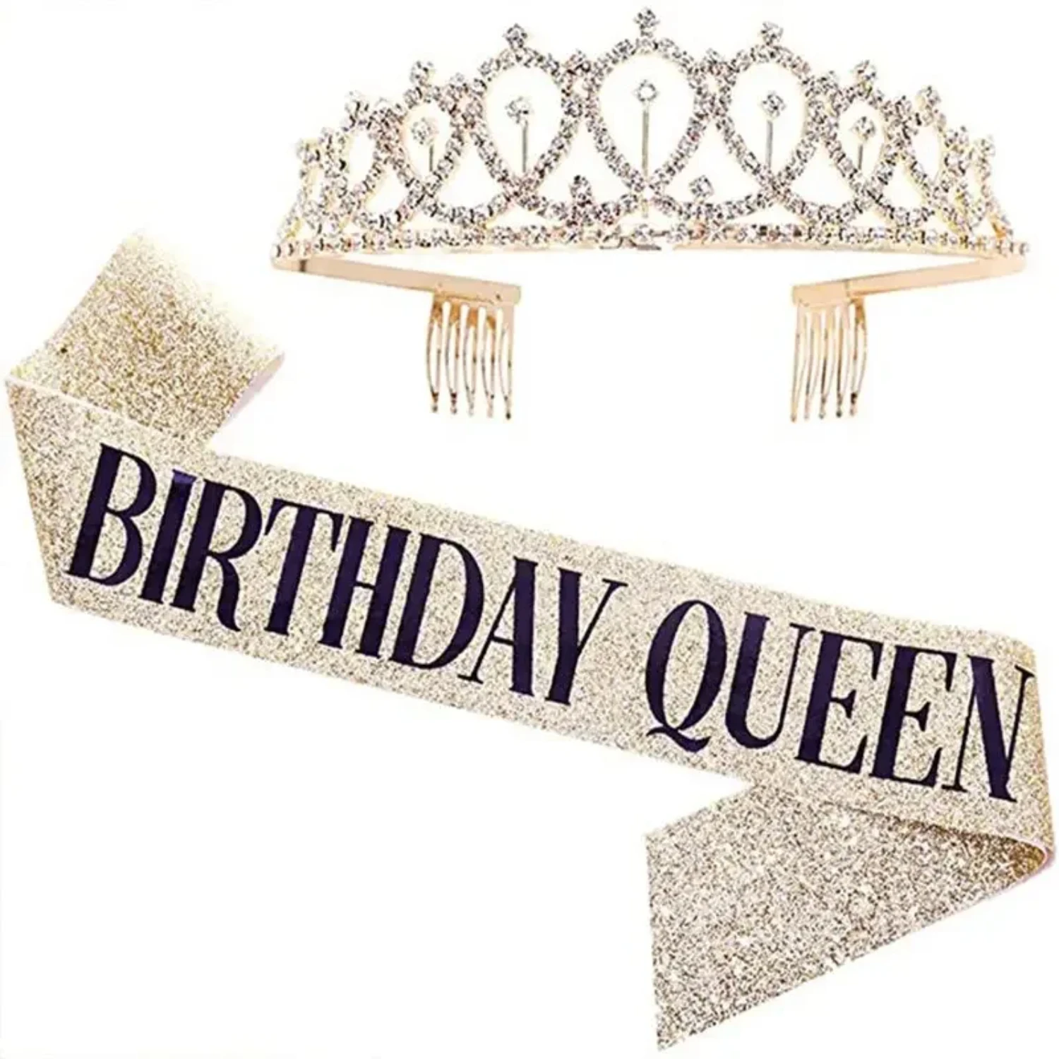 Bling Rhinestone Crystal Crown Birthday Anniversary Decoration Happy 18 21 30 40 50th  Satin Sash Party Supplies Honeymoon Paper