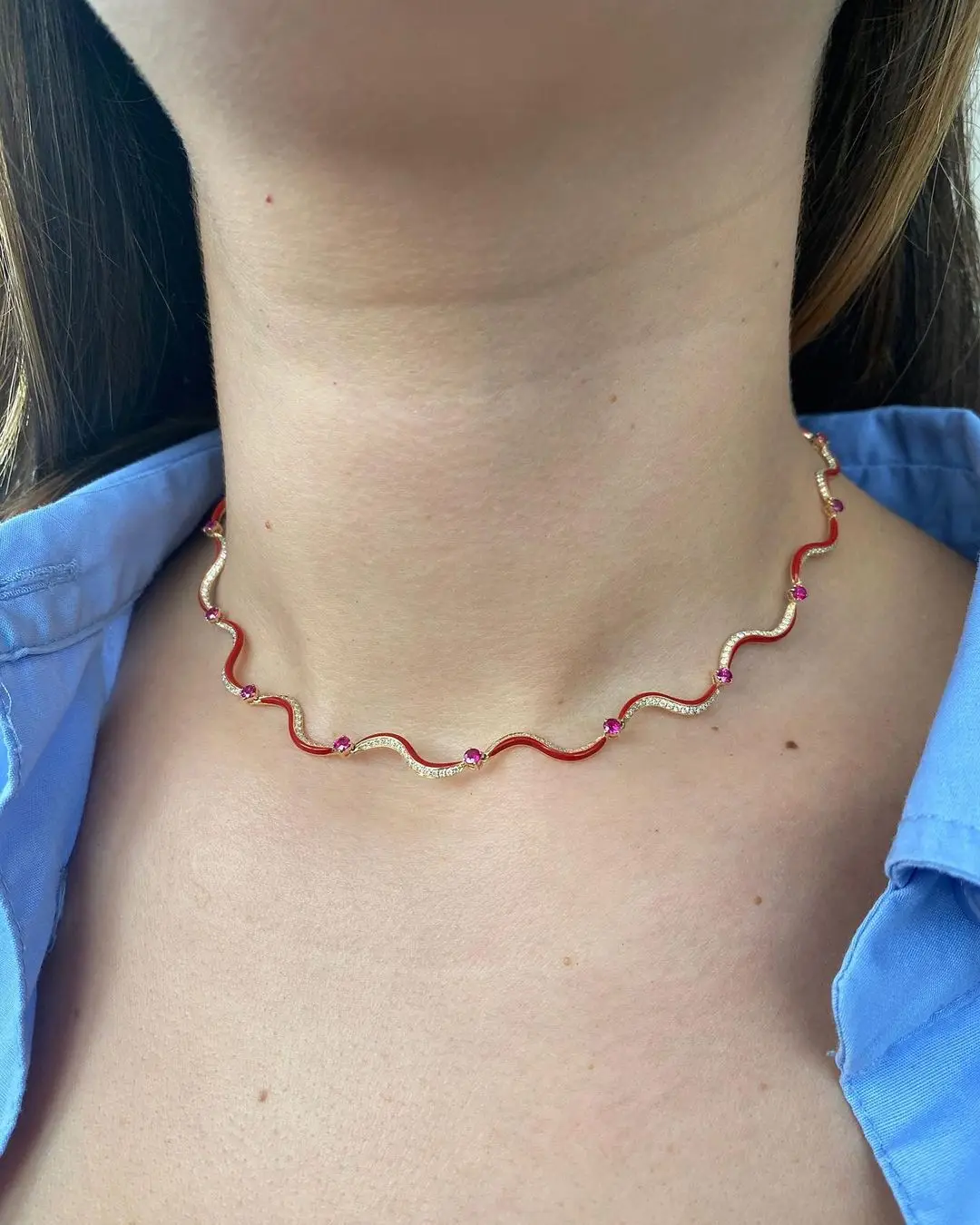 New Colorful Enamel Water Wave Tennis Necklaces for Women Paved Bling Cubic Zirconia Gold Color Chocker Party Fashion Jewelry