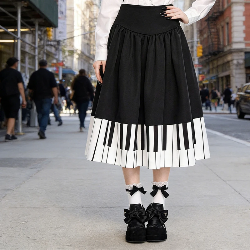 Harajuku Piano Keyboard Print Midi Skirt High Waist Flared Skirt Women's Gothic Punk Streetwear Skirt for Daily Casual Music