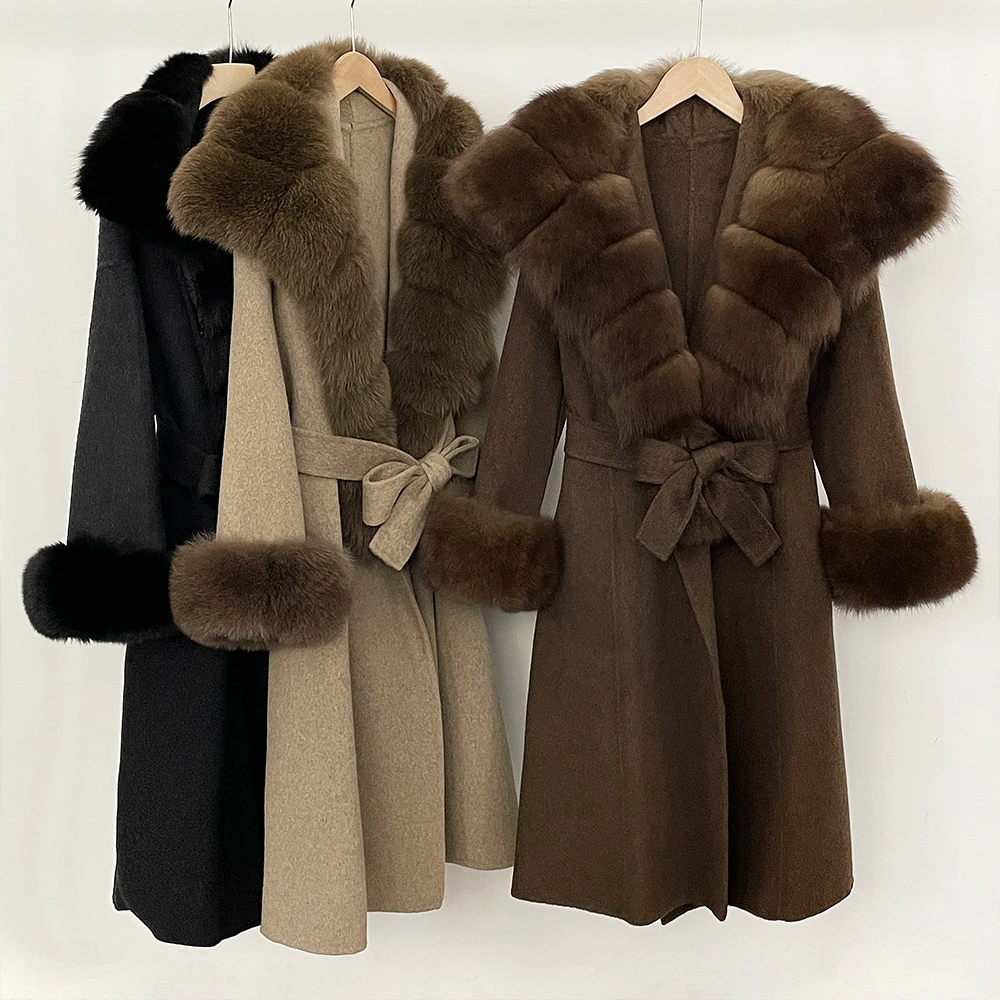 معطف صوف 100% من فرو الثعلب الحقيقي دافئ للنساء جديد للخريف والشتاء معطف فرو واقعي ملابس صوفية للسيدات بأكمام طويلة سترة صوفية طويلة