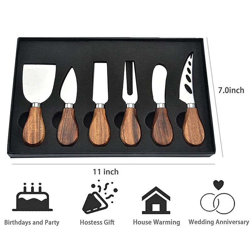 Set di coltelli da formaggio da 6 pezzi Collezione completa di coltelli da formaggio in acciaio inossidabile (manico in legno di acacia) Regali di Natale