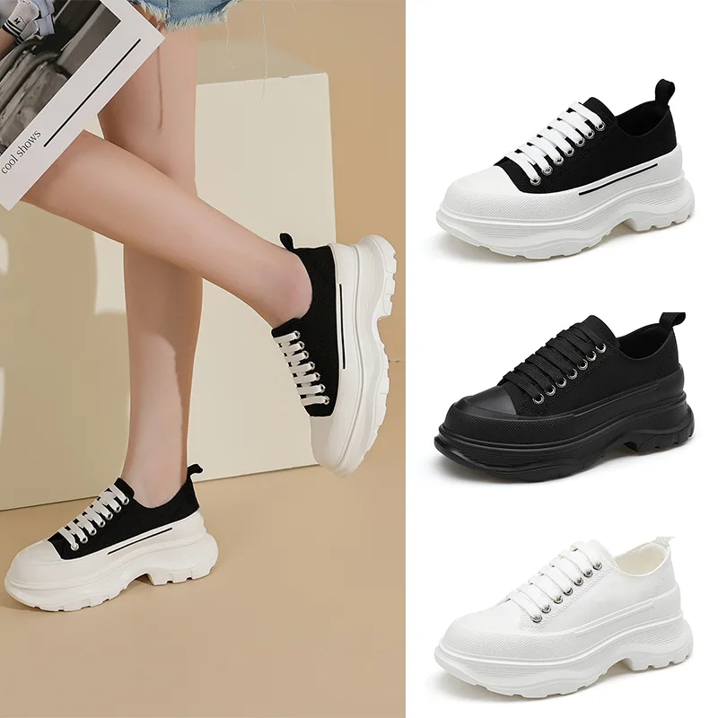 

2025 New Thick Bottom round Toe Heightening Laced Black Canvas Shoes Fashion Casual Sports Women's Footwear