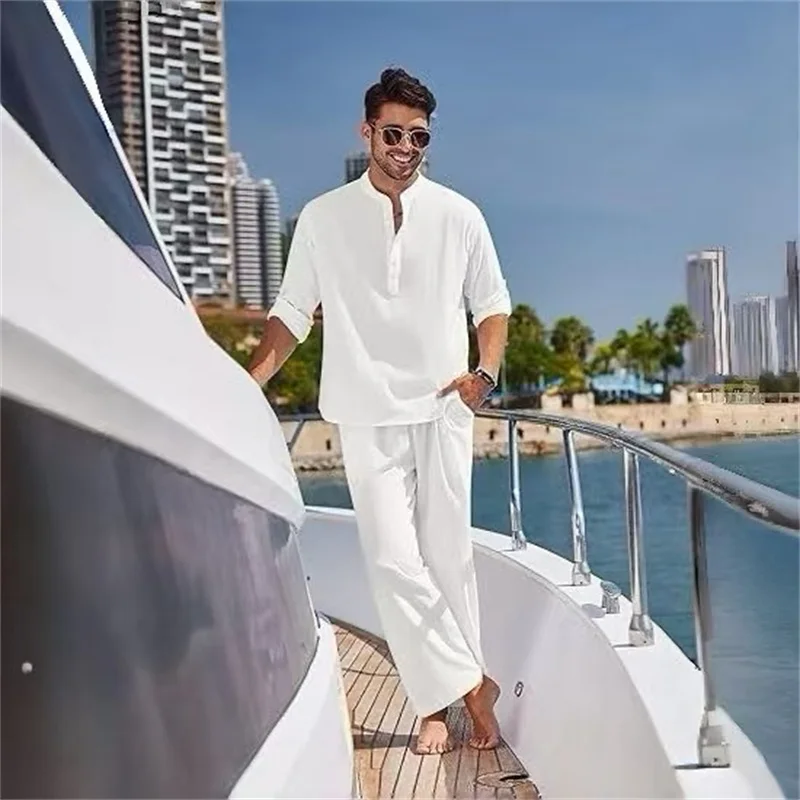Men's Resort Style Stand-Up Collar Long-Sleeved Top + Loose Trousers Set Yacht Style Casual Comfortable Two-Piece Set S-2XL