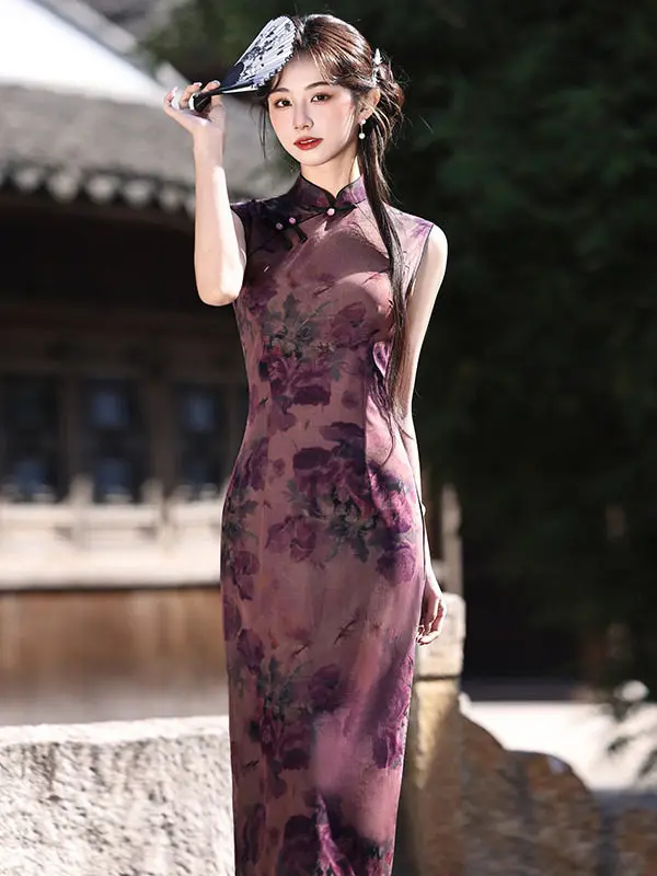 

Vibrant Purple Long Svel Waist-Cut Chinese Dr for Women Retro Sle Office Wear Summer Suitable Faionable