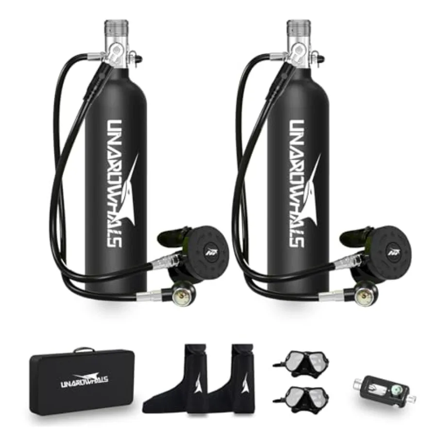 

Mini Scuba Tank 1L for snorkeling exploration, aluminum alloy, black, 3000 PSI portable diving tank with extended pressure gaug