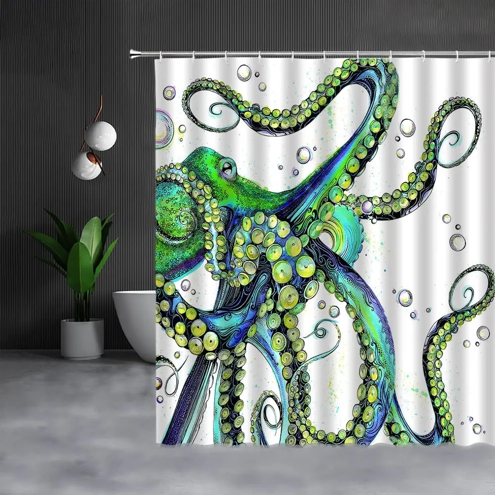 Cool Octopus Shower Curtain Vintage Blue Green Kraken Anime  Funny Ocean Animal Tentacles Decor Mens Bathroom Curtains with Hook