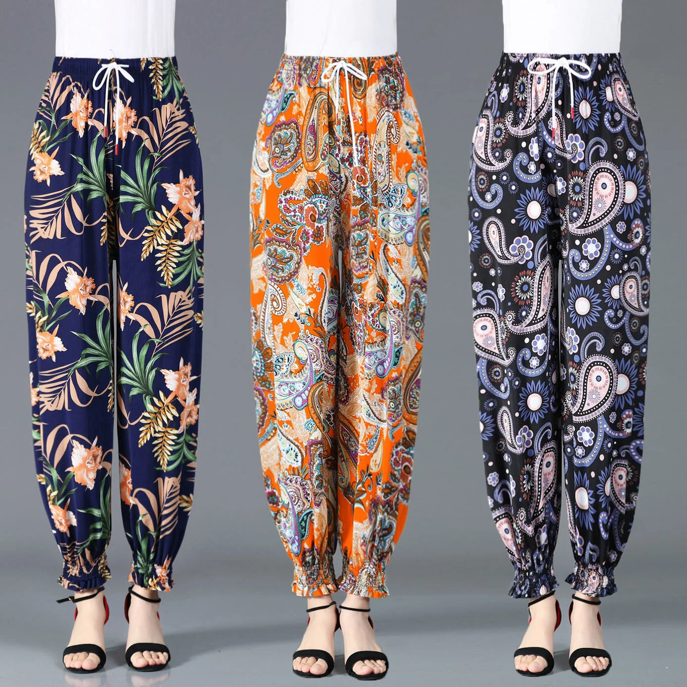 Casual High Waist Floral Printed Harem Pants 2024 Summer Middle-aged And Elderly Women's Cropped Trousers Female Bottoms