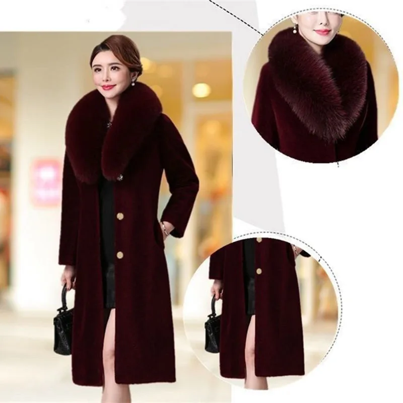 Mink Fur Coat Women Winter Thickened Fox Fur Collar Anti Fur Coat Long Mink Fur For Middle-Elderly Mothers Fur Outwear Purple