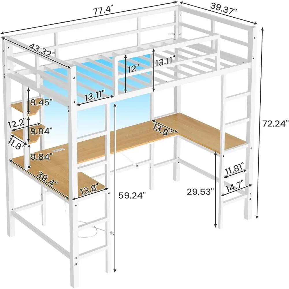 Twin Loft Bed with U Shaped Desk and Led Lights Metal Loft Bed Twin Size LED Frame with Charging Station and Storage Shelve