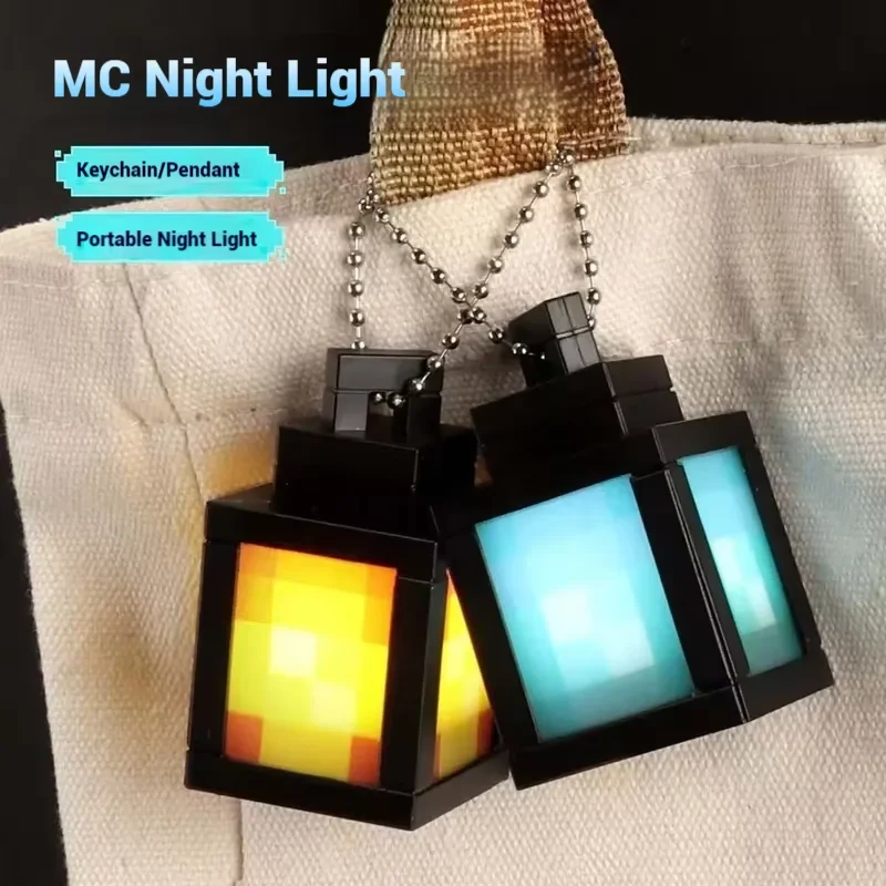 Pixel Style Lantern Night Light Rechargeable Mini Luminous Keychain Mc Game Peripheral Backpack Pendant KeyChain Children's Gift