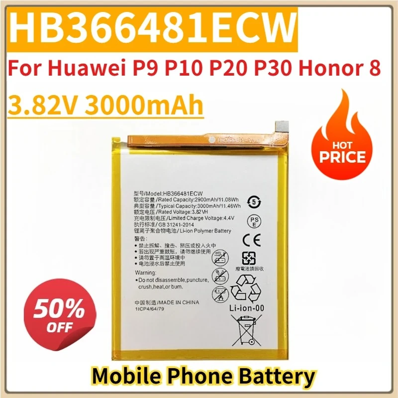 

New Replacement Mobile Phone Battery 3.82V 3000mAh HB366481ECW for Huawei P9 P10 P20 P30 Honor 8