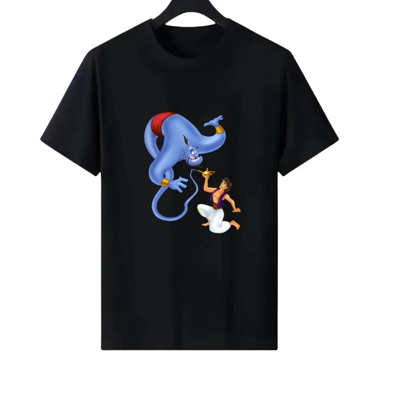 Disney Aladdin's Lamp Pattern Woman Black Casual Parent-Child Clothing Tops Ladies Comfort Short Sleeves T-Shirt Men Blouses