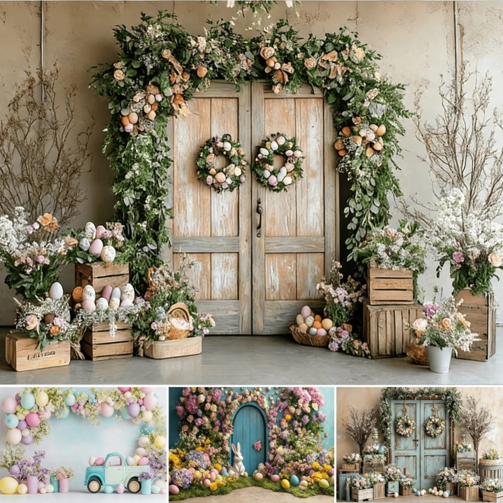 

Easter Colorful Photography Backdrop Eggs Bunny Pastel Floral Doorway Whimsical Spring Garden Birthday Party Background Decor