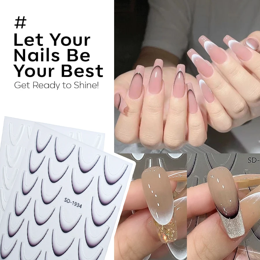 1pc 3d preto/branco sorriso linha design decalques de unhas gradiente francês arte do prego adesivos auto-adesivos dicas de unhas guias para decoração de unhas