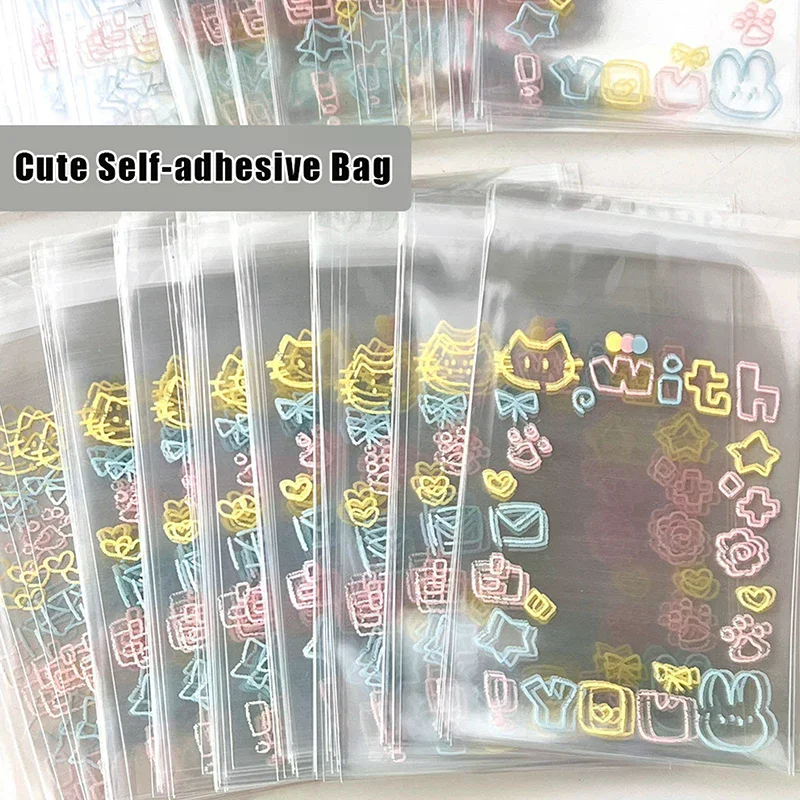 Transparent Cute Graffiti Kitten Self-adhesive Opp Bag Kpop Idol Photo Cards Protective Storage Bag Photocard Card Sleeves 50Pc