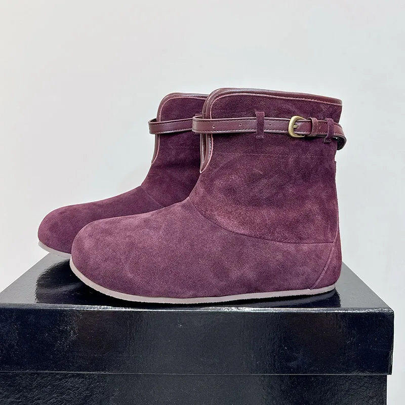 Flat Thick Sole Snow Boots Women Suede Round Toe Belt Buckle Decor Ankle Botas Mujer Ladies Winter Wool Lining Warm Short Boots