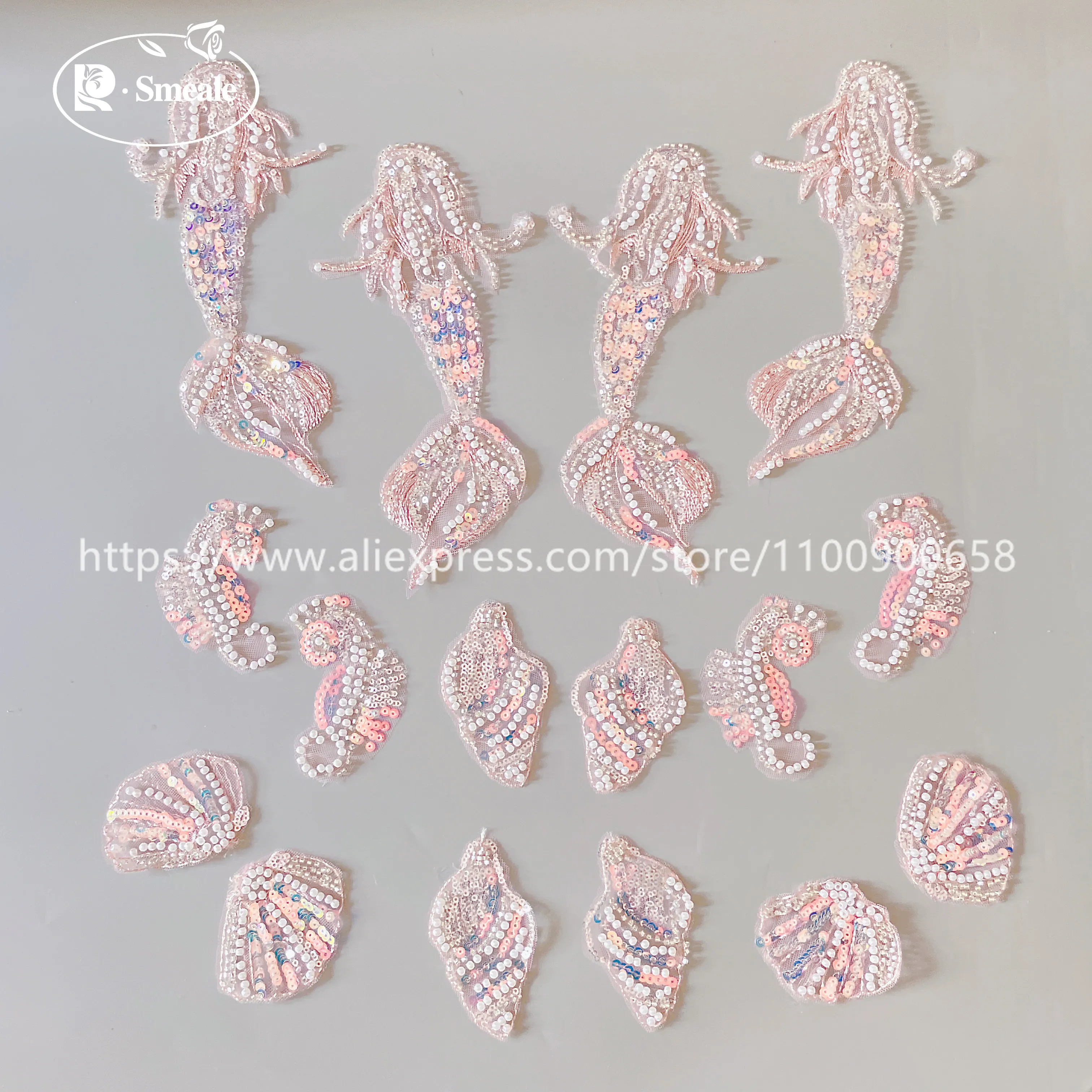 16PCS=1Set Beaded Mermaid, Scallop, Conch, Seahorse Patch 3D Applique for Children's Clothing Decoration DIY New Product RS24017