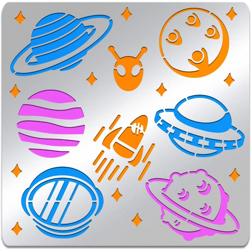 Space Theme Metal Stencil Square Stainless Steel Planet Aliens Rockets Template Stencil for Scrapbooking Engraving Pyrography