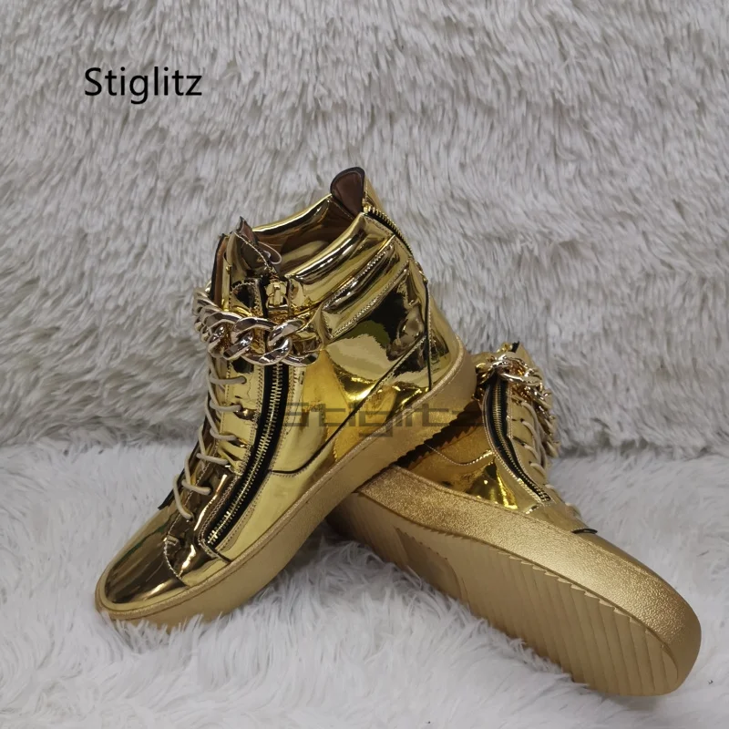 

Gold Silver Casual Sneakers Shoes for Men Chain High-Top Ankle Boots Men's Shoes Sweat-Absorbing Breathable Mirror Leather Shoes