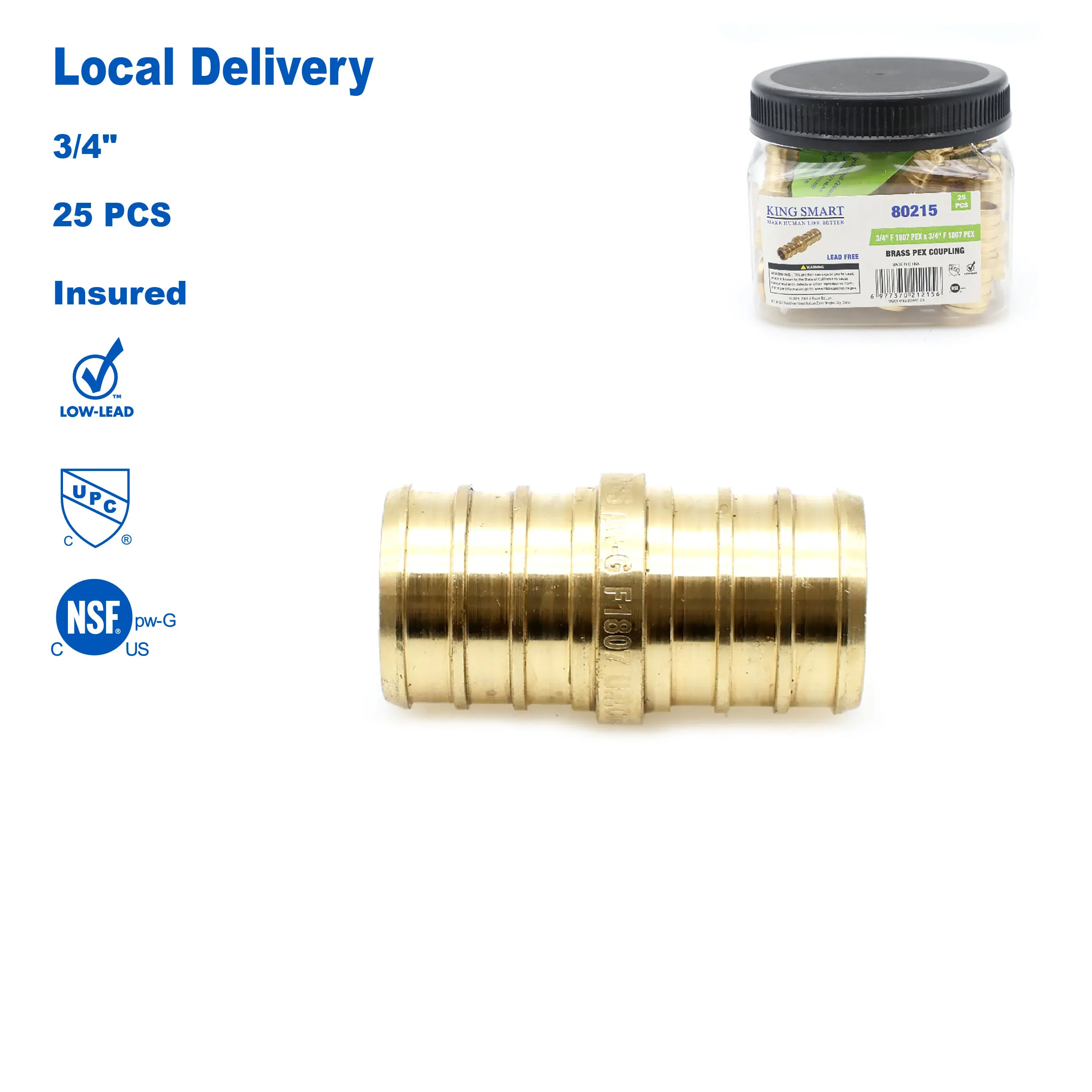 

KING SMART PEX B Coupling 3/4 inch; Lead Free Brass; 25Pcs/Case; 80215