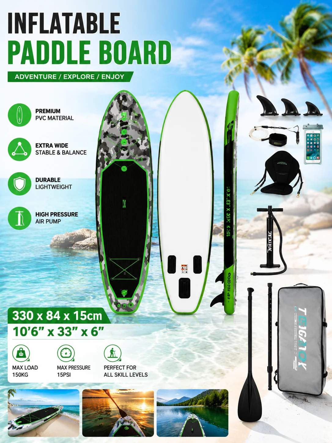 Feath-R-Lite Surfbrett 330*84*15CM mit tragbarem und abnehmbarem Sitz mit einer maximalen Tragfähigkeit von 165 kg + tragbares Stehsurfbrett mit drei Heckflossen, aufblasbares Paddleboard.