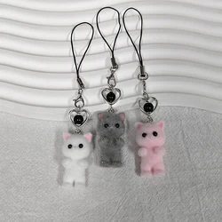 Cartoon Flocking Cat Keychain Phone Lanyard 3D Kitten Mobile Phone Chain Cute Cell Phone Charm Keycord Accessories