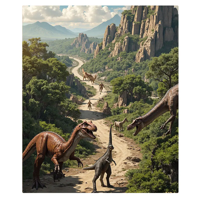 Koc Flanelowy Dinozaur Przygoda - Scena z Lasu Przedhistorycznego z Tyranozaurzem i Velociraptorami