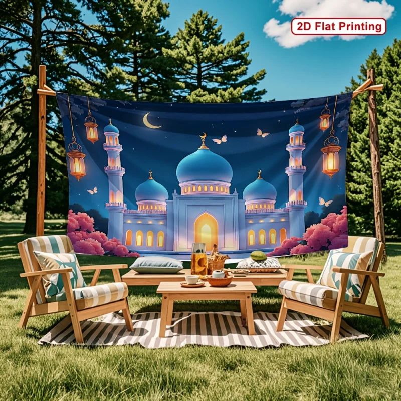 2Dflat1pc، لافتة حفلات من القماش للمشهد الليلي - تصميم معماري إسلامي ذهبي حيوي، لا يتطلب إمدادًا للطاقة