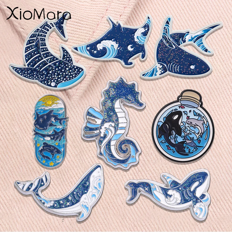 Cartoon Marine Creatures Enamel Pins Cute Bottle Ocean Brooches Shark Orca Badge Lapel Clothing Decor Sea‑lover Collectible Gift