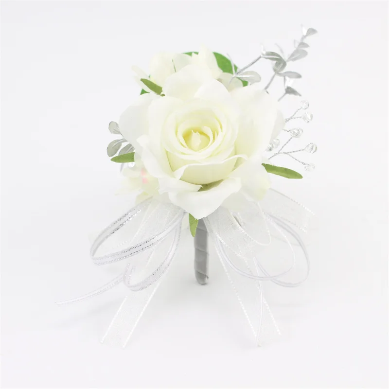 Boutonniere de rosas de seda para boda, ramillete de perlas de encaje con ojal, pulsera para damas de honor, novio, flores, accesorios de matrimonio