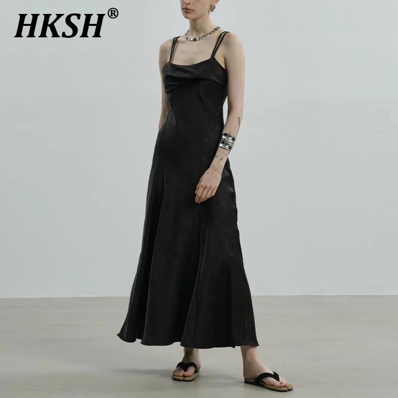 

HKSH Summer New Women's Chic Tide Fashion Elegant Temperament Solid Color Waist Slimming Sexy Backless Strap Long Dresses HK5937