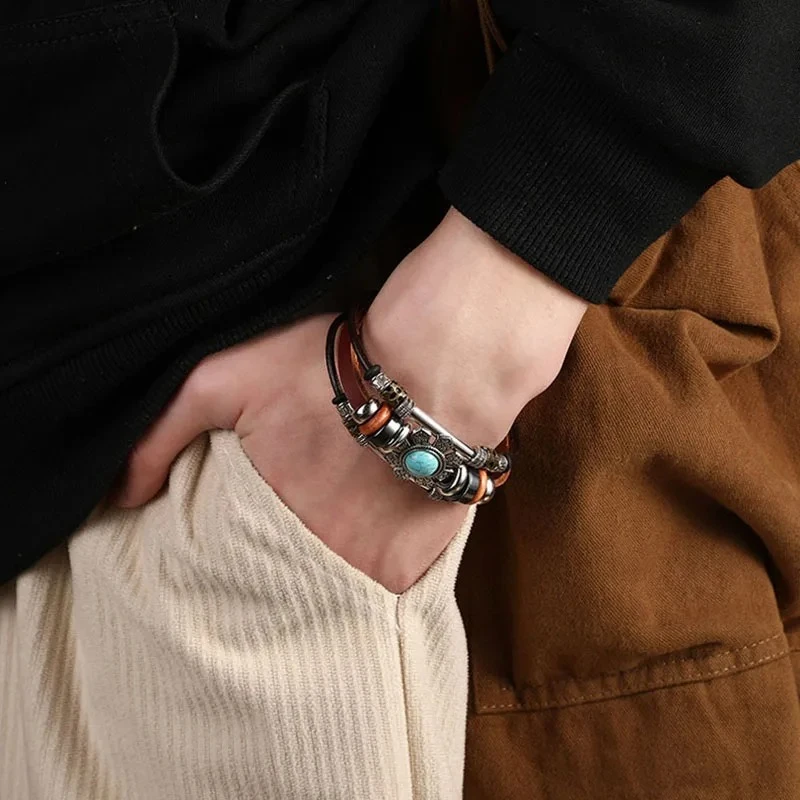 Tibetan Lotus Flower Synthetic Turquoise Stone Charm Bracelets Leather Wristband Vintage Genuine Leather Bracelet for Women Men