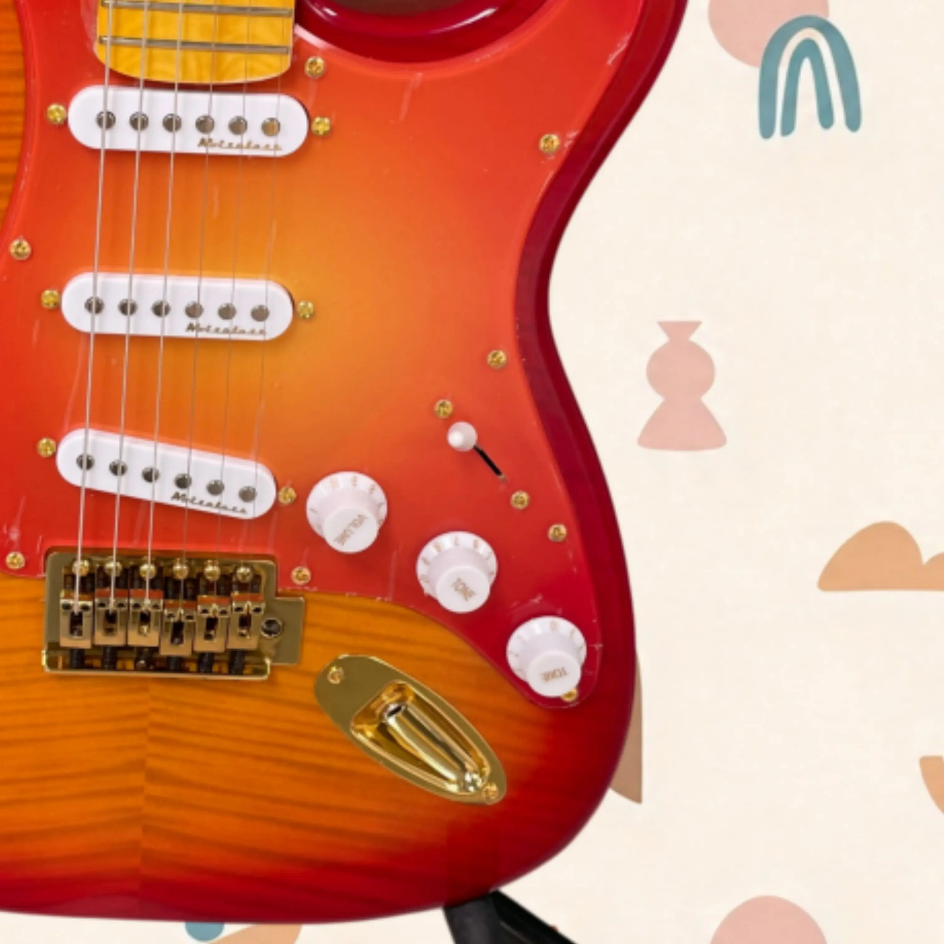 Sunset Red Orange Veneer 6 String Electric Guitar,Gloss Finish,Gold Hardware Guitars,Great for Performance & Collection Guitarra