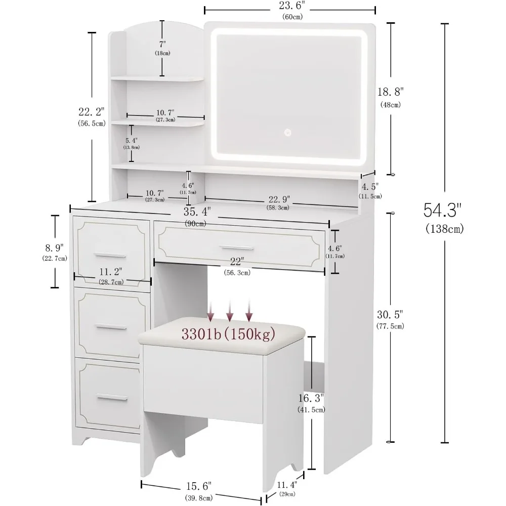 طاولة زينة بمرآة LED مع مخرج طاقة، 5 أرفف، 4 أدراج، مقعد مبطن، مثالية لمكياج وغرفة النوم والخلع الملابس