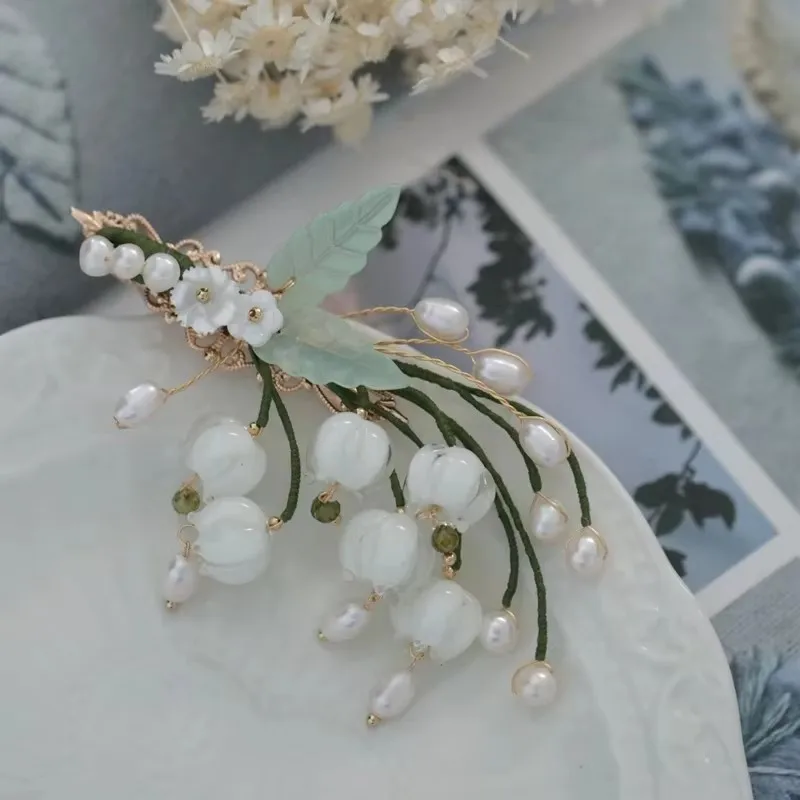 FXLRY Original Handmade Natural Pearl Vintage Glazed Lily Of The Valley Antique Tassel Hairpin Side Bangs Clip Side Clip Hair