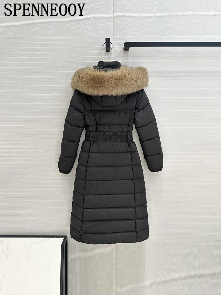 SPENNEOOY Fashion Runway Winter Black Long Style Down Jacket Women's Fur Hooded Long Sleeve Elastic Waist Loose Warm Outerwear