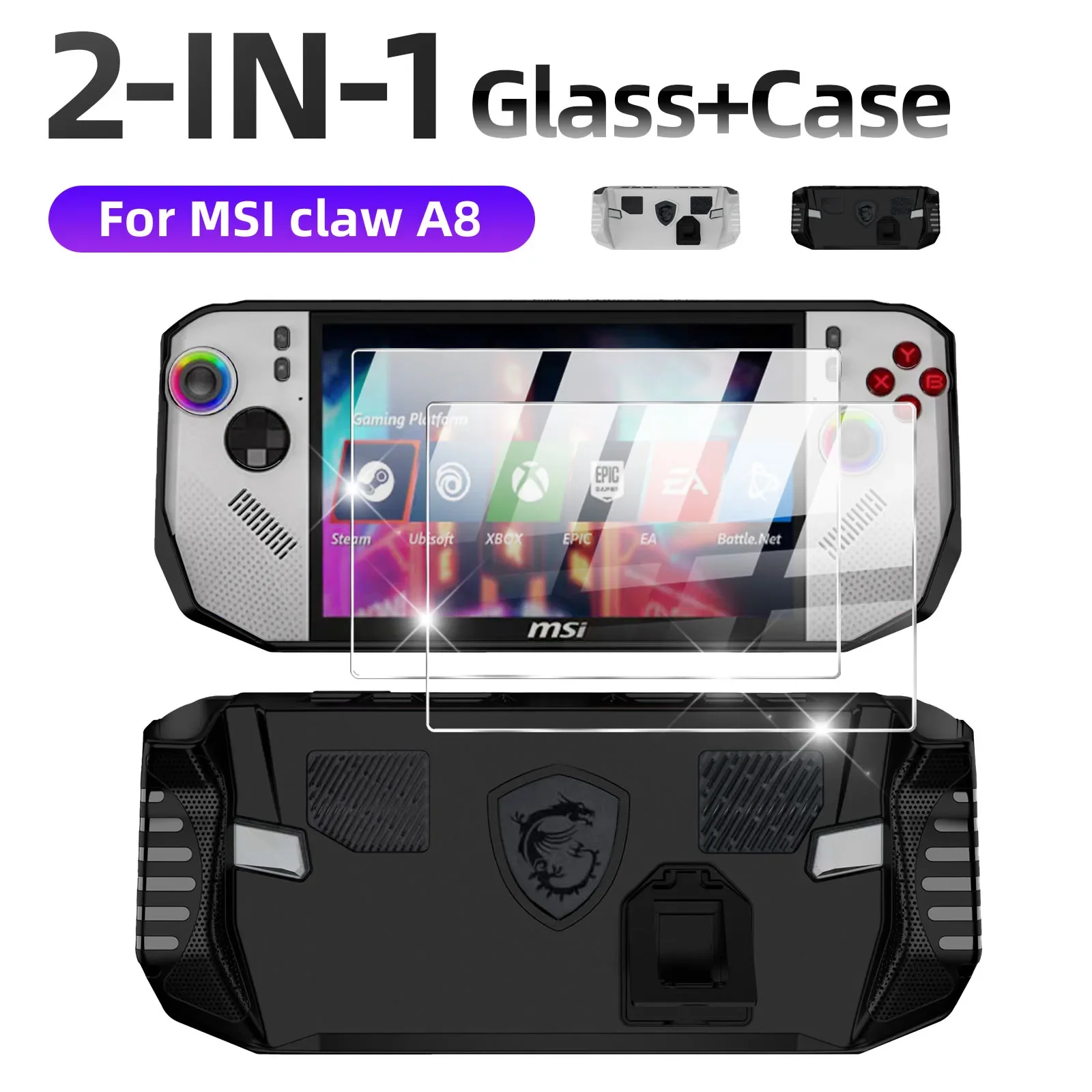 

2 in 1 Accessories Set for MSI Claw A8 BZ2EM Protective Case with Tempered Glass Screen Protector Shockproof Anti-Scratch Cover