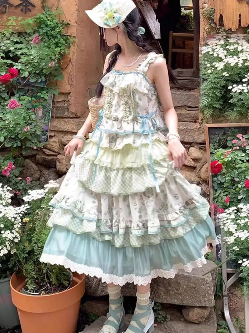 

Mori Girls Cla Lolita Sleeveless Top Long Skirt 2-piece Set Summer Sweet Girl Printed Ruffle Edge Tea Party Split Princess Dress
