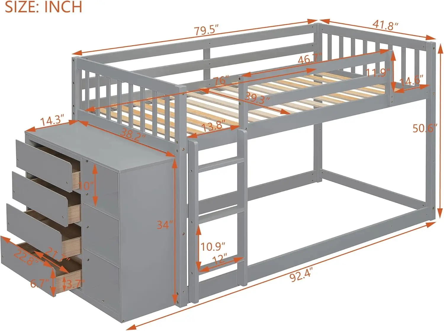 Harper & Bright Designs Twin Over Twin Bunk Bed With Storage, Wood Floor Bunk Beds With 4 Drawers And 3 Shelves, Low Bunk Bed,