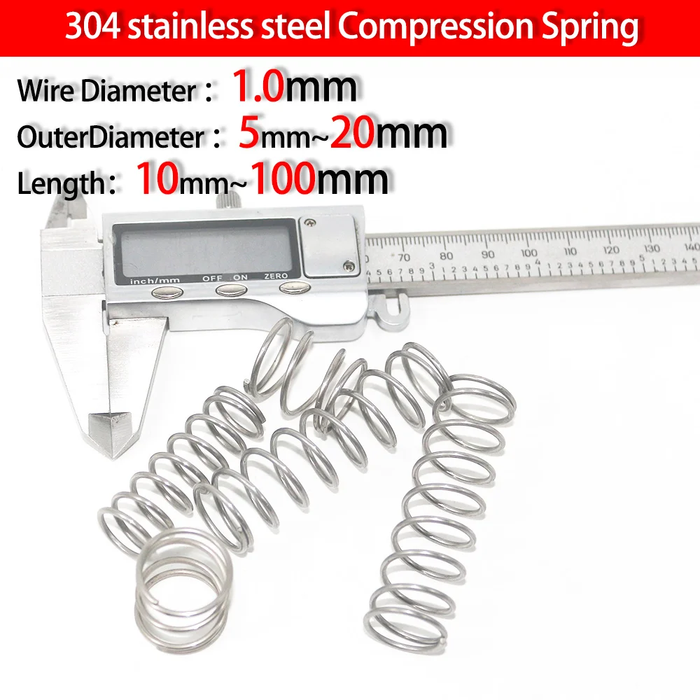 304 Stainless Steel Compression Spring Return Spring Steel Wire Diameter 1.0mm Outside Diameter 5~20mm Length 10mm to 100mm 10Pc