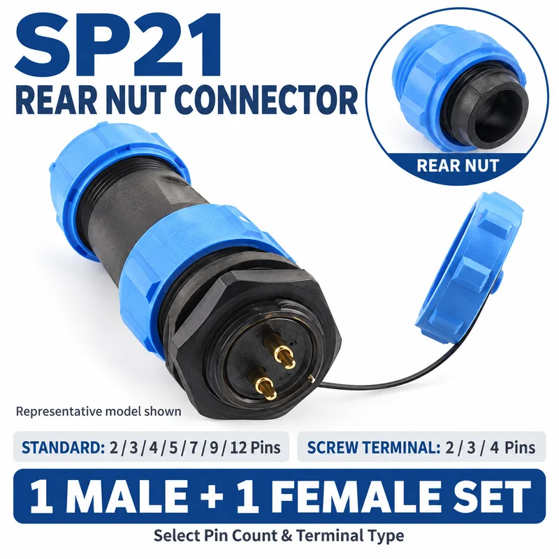 SP21 Rear Nut Circular Connector Male Female Set 2 3 4 5 7 9 12 Pin Aviation Plug Socket with 2 3 4 Pin Screw Terminal Options