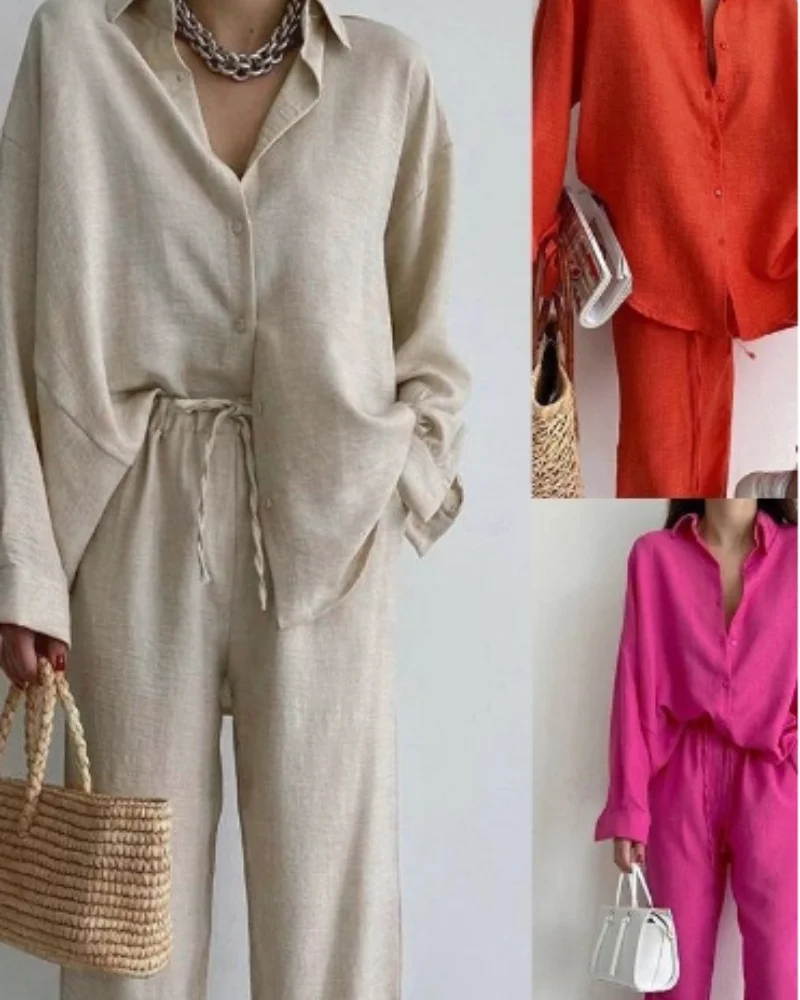 

New Fashion Women's Solid Color Set with Wrinkled Loose Shirt and Straight Leg Pants Two Piece Set