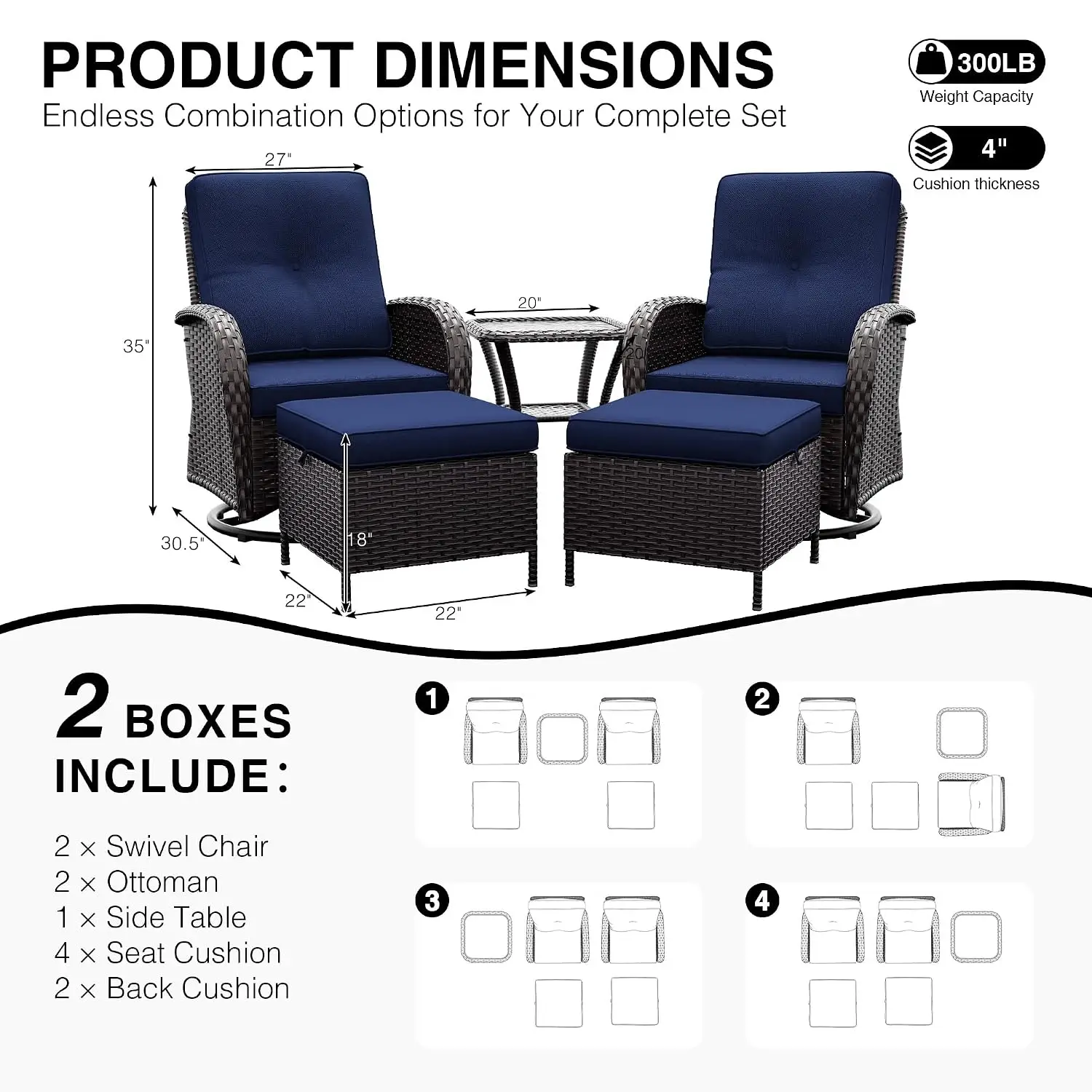 Wicker Patio Furniture Set 5 Piece Swivel Rocker Chairs With Cushions High Back Deep Seating For Porch Deck, Customized